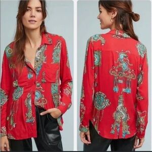 Anthropologie Maeve Size 2 Red Whimsy Printed Clock Sun Button Down Shirt Blouse